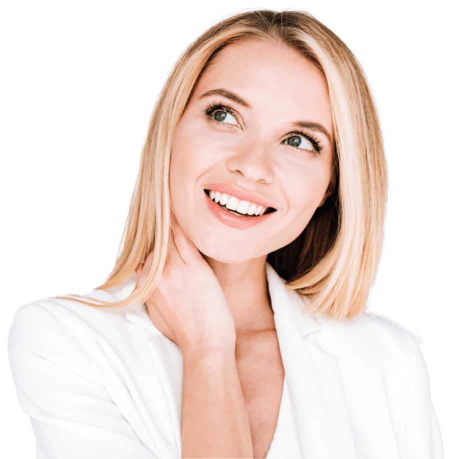 Woman in white blouse smiling after visiting her dentist in Lewisville Texas